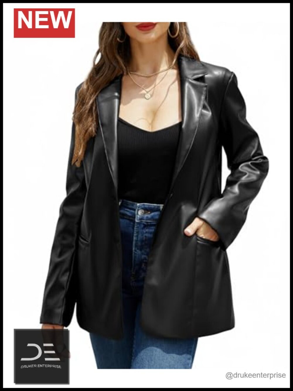 Faux Leather Blazer Jacket Soft PU Coat Button Down